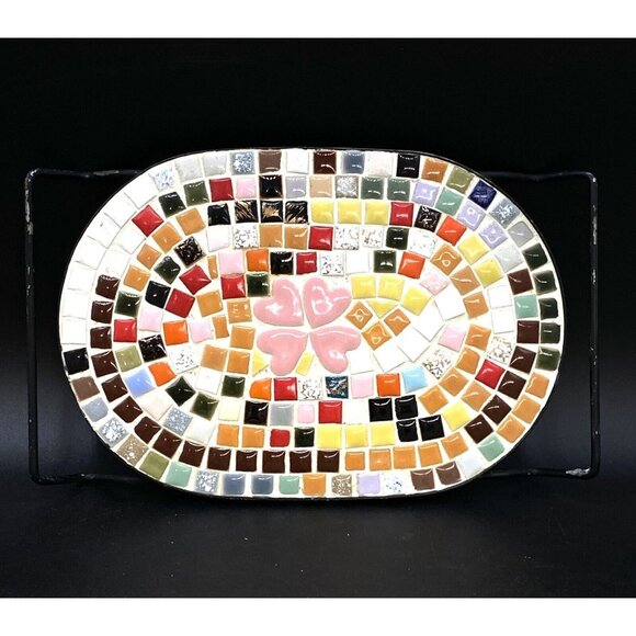 Unbranded Other - Mid Century Mosaic Tile Oval Trivet Multicolor Pink Hearts Black Metal Handles